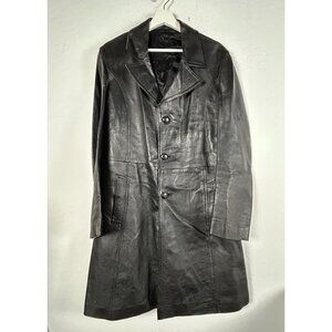 SF Women's Black Leather Trench Coat Jacket Designer Collar Button Front Size 50